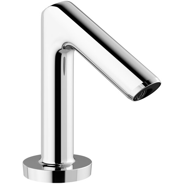 A Sloan chrome deck mount sensor faucet with a round base.