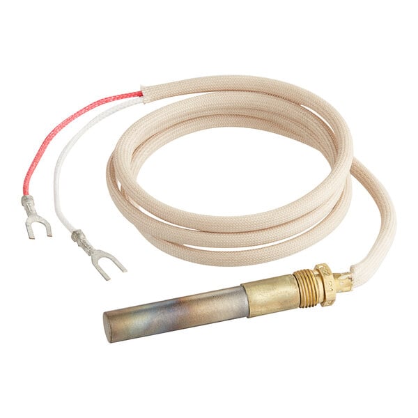 A Robertshaw Industries thermopile with a white and red cable and a metal tube.