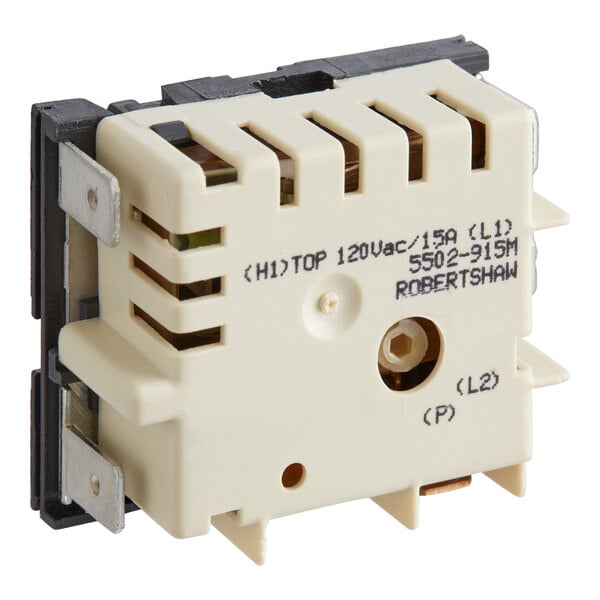 A white Robertshaw Industries electric temperature control with black text on it.