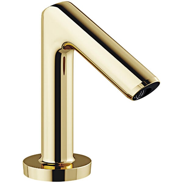 A close-up of a Sloan polished brass deck mount sensor faucet with a round base and curved neck.