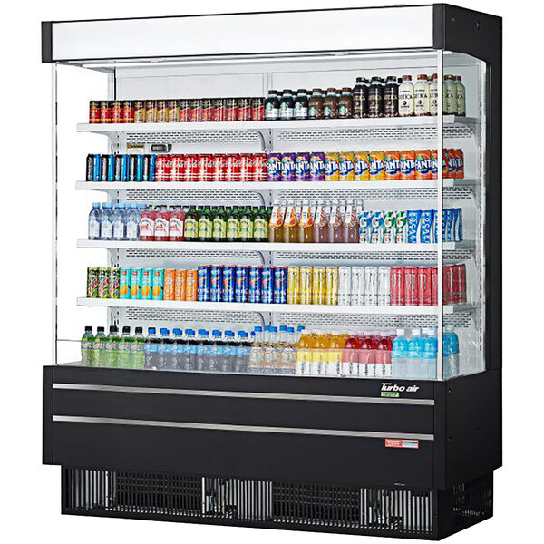 A Turbo Air black narrow depth vertical air curtain display case with drinks and beverages.