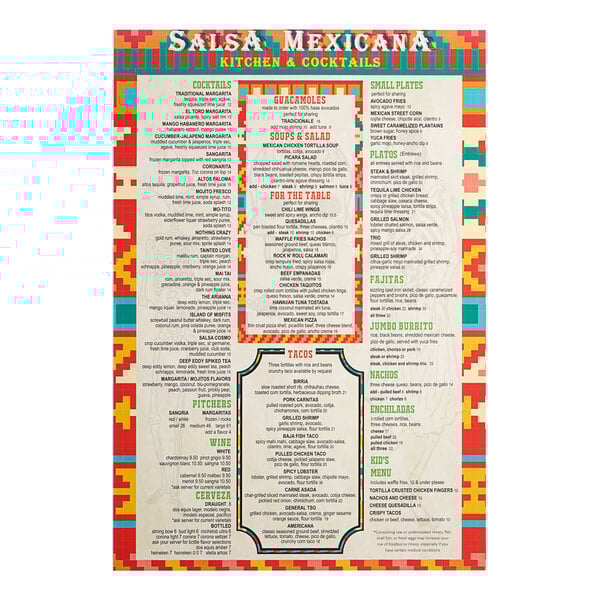 A 13" x 19" customizable waterproof menu with colorful striped border.