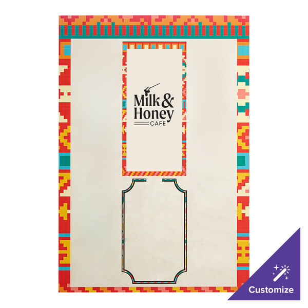 A rectangular white paper with a colorful border and the milk and honey logo in the center.