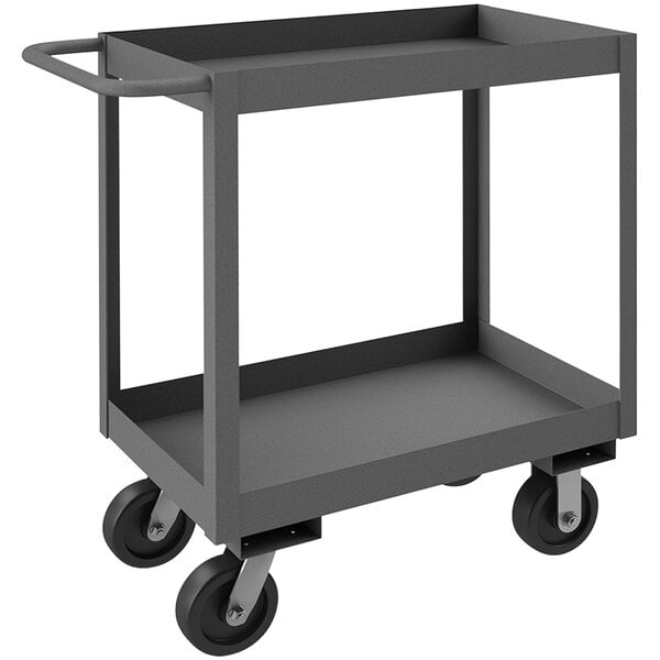 A gray Durham stock cart with wheels and a handle.