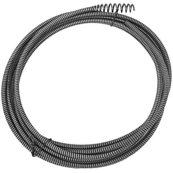 A coiled black metal wire with a spring on the end.