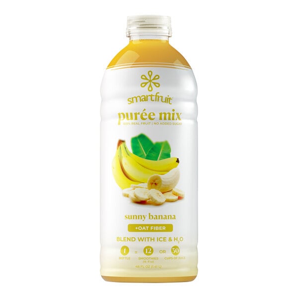 A white plastic bottle of Smartfruit Sunny Banana Puree with a white label with yellow text.