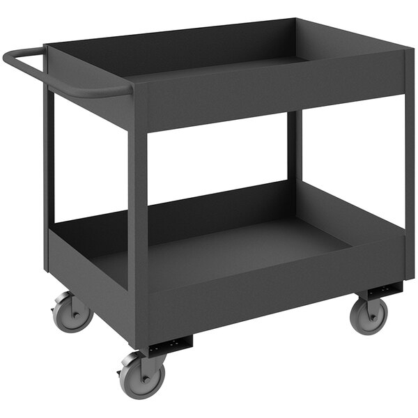 A black Durham Manufacturing stock cart with 2 shelves and lipped edges on wheels.