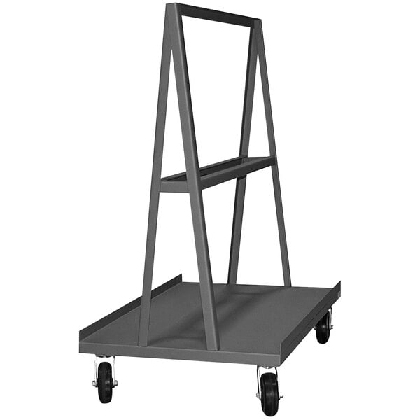 A gray metal Durham A-Frame truck with two shelves on wheels.