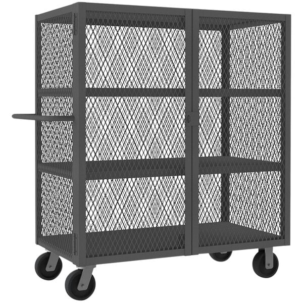 A grey metal Durham stock picking cart with 3 mesh shelves and wheels.