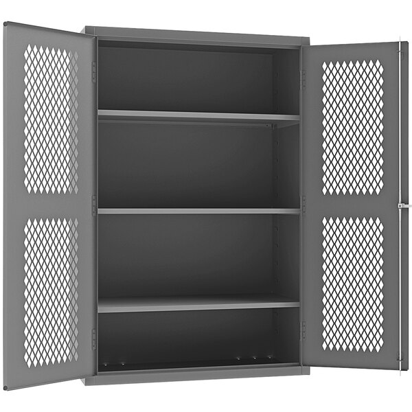 A grey metal Durham Manufacturing storage cabinet with ventilated doors.