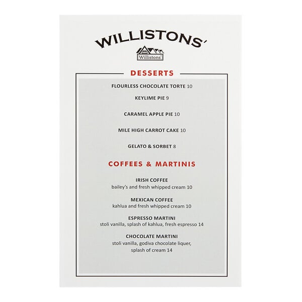 A customizable 6" x 9" waterproof menu with rounded corners on a table in a restaurant.