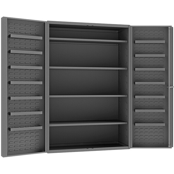 A black metal Durham storage cabinet with shelves.