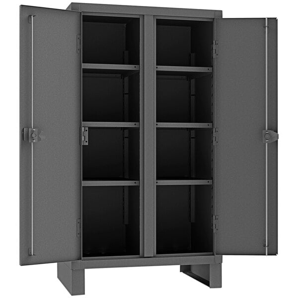 A grey metal Durham steel double shift cabinet with open doors.