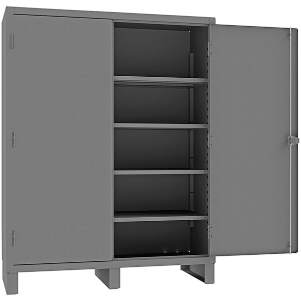 A grey metal Durham storage cabinet with open doors showing shelves inside.