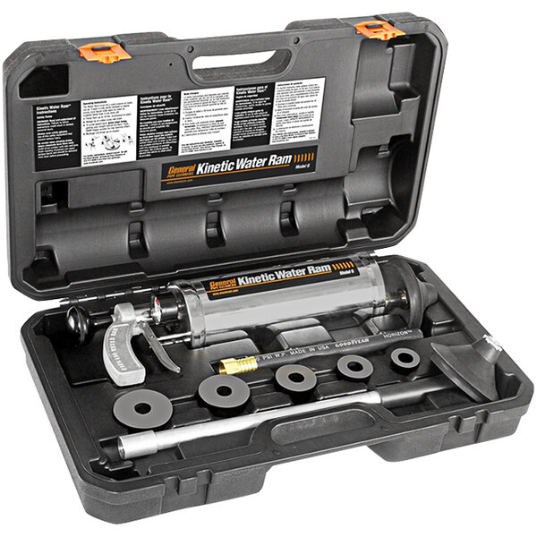 A black plastic case with a General Pipe Cleaners Kinetic Water Ram drain cleaning tool inside.