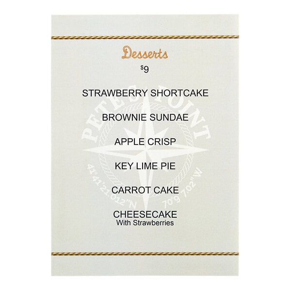 A 5" x 7" customizable waterproof menu with rounded corners for desserts on a white background.