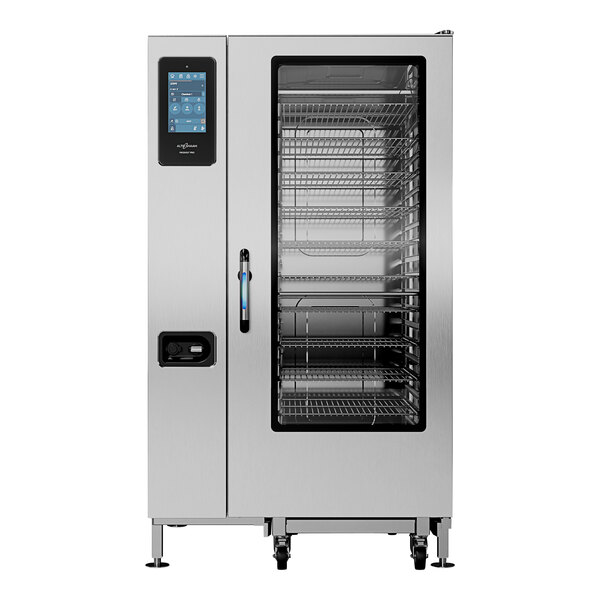 An Alto-Shaam stainless steel commercial oven with a glass door.