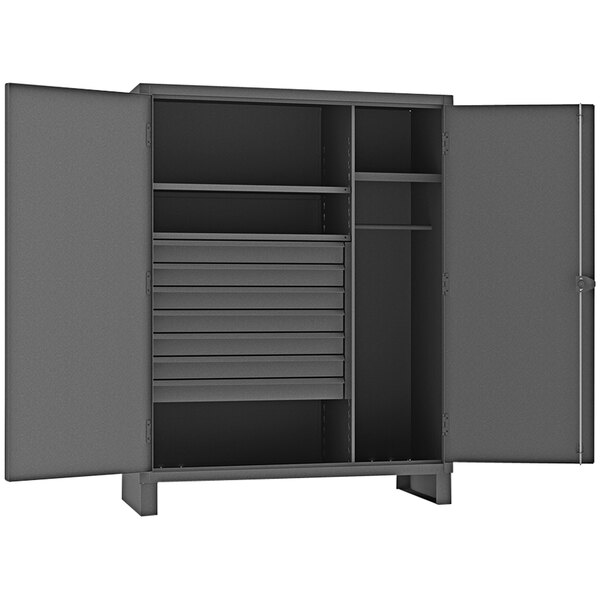 A grey metal Durham wardrobe cabinet with open doors and drawers.