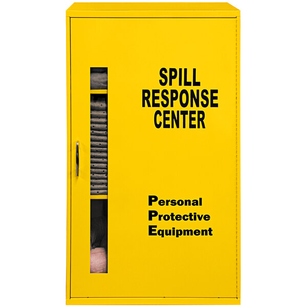 A yellow Durham spill control cabinet with black text.