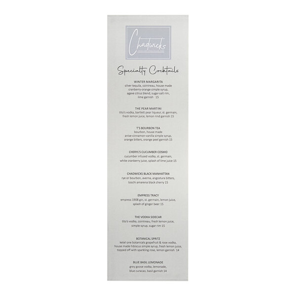 A white customizable menu with black text and a black border.
