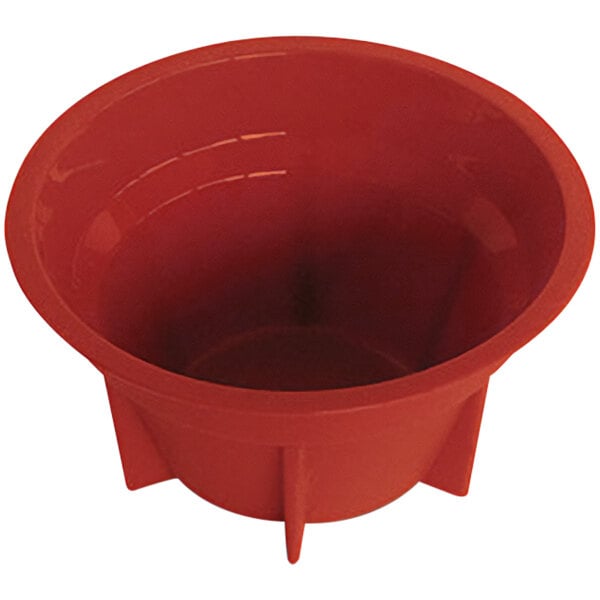 A red silicone baking mold with 6 individual muffin cups.