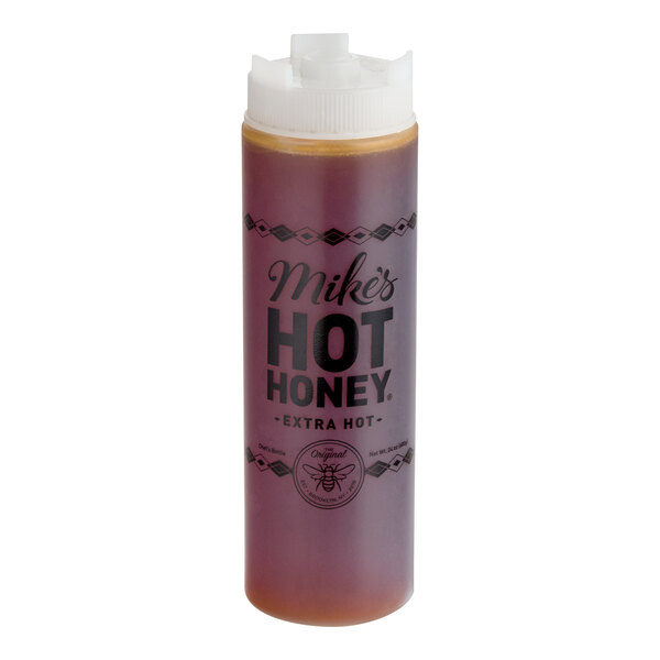 A 24 oz. squeeze bottle of Mike's Hot Honey Extra Hot.