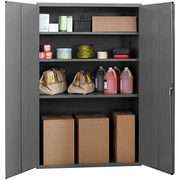 A gray Durham Mfg steel storage cabinet with items on the shelves.