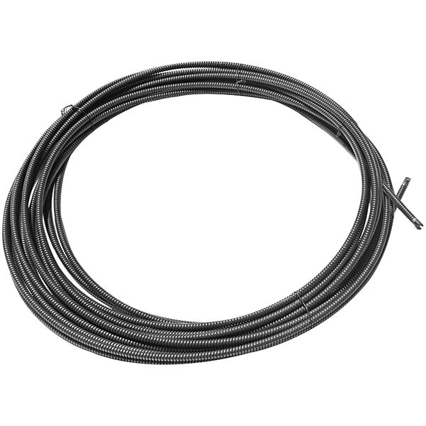A close-up of a coiled black General Pipe Cleaners Flexicore cable with male and female connectors.