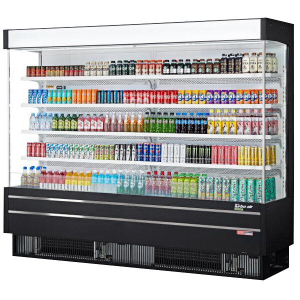 A Turbo Air black narrow depth vertical air curtain display case filled with drinks on shelves.