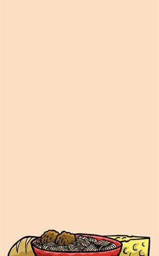 A pink 8 1/2" x 11" menu paper with a pasta themed meal design including spaghetti, bread, and cheese.