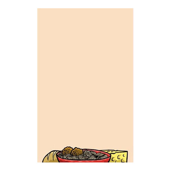A beige sheet with a cartoon illustration of a bowl of pasta, bread, and cheese at the bottom edge.