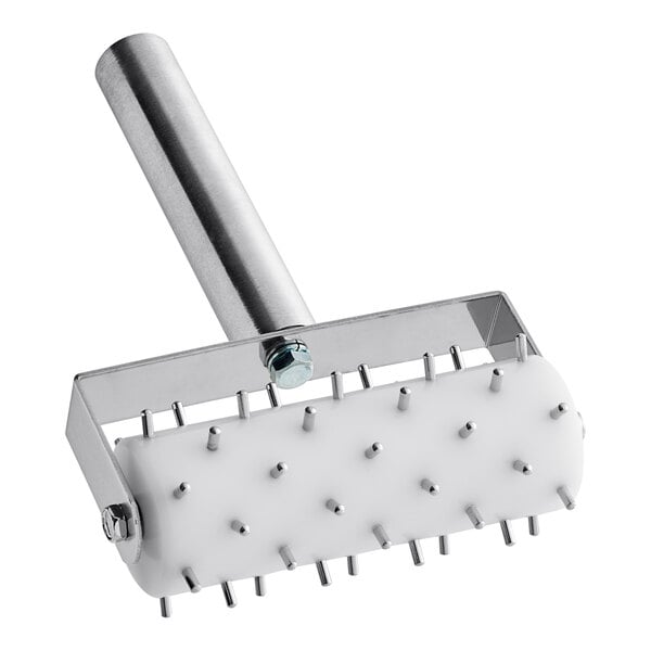 A white and stainless steel roller with metal spikes on the end.