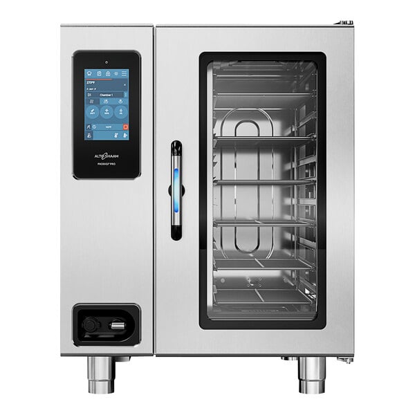 An Alto-Shaam stainless steel commercial oven with a touch screen display.