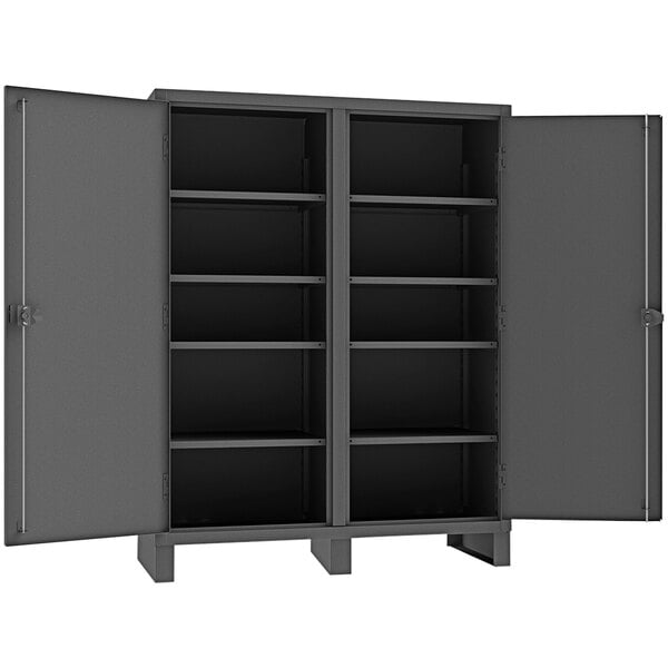 A grey Durham steel double shift cabinet with open shelves.