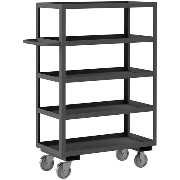 A black Durham steel stock cart with five shelves on wheels.