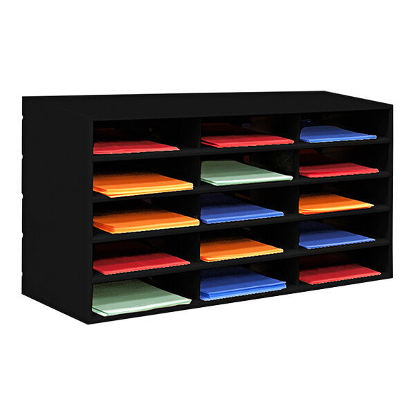 A black Durham horizontal lit rack with colorful folders on the shelves.