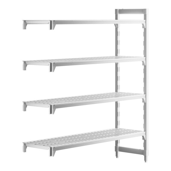 A white plastic shelf with vented shelves.