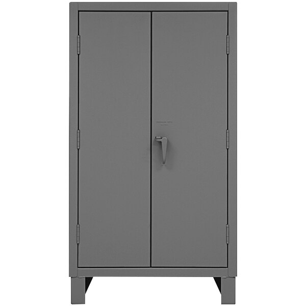 A gray metal Durham storage cabinet with two doors and a handle.