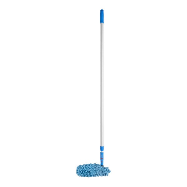 A white pole with a blue Lavex fan duster attached.