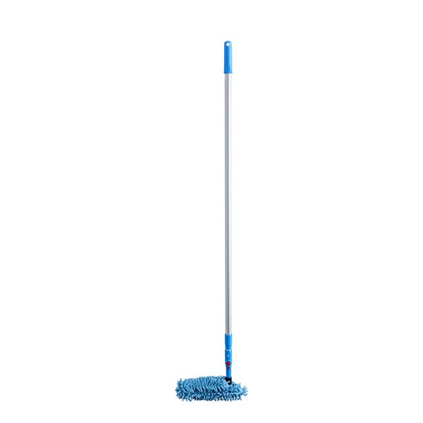 A long-handled cleaning tool with a blue chenille duster head and a telescopic pole.