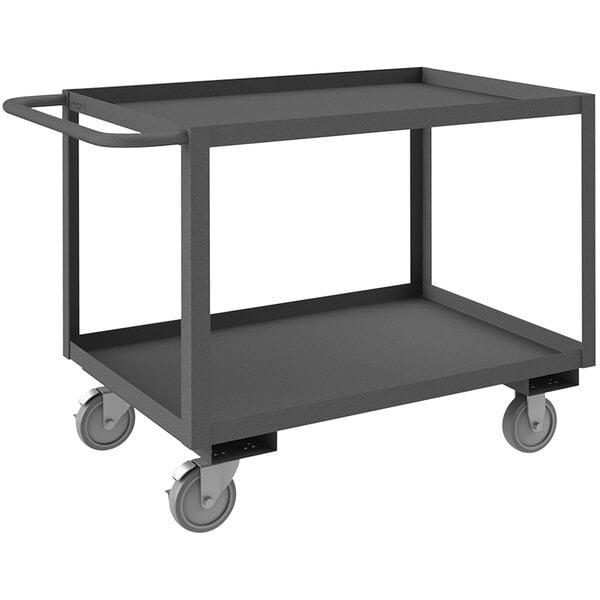 A black Durham Mfg steel stock cart with 2 shelves and wheels.