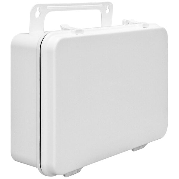 A white plastic first aid cabinet with a handle.