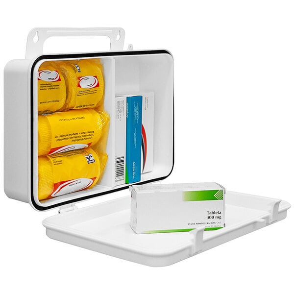 A white plastic first aid cabinet with yellow and white containers inside.