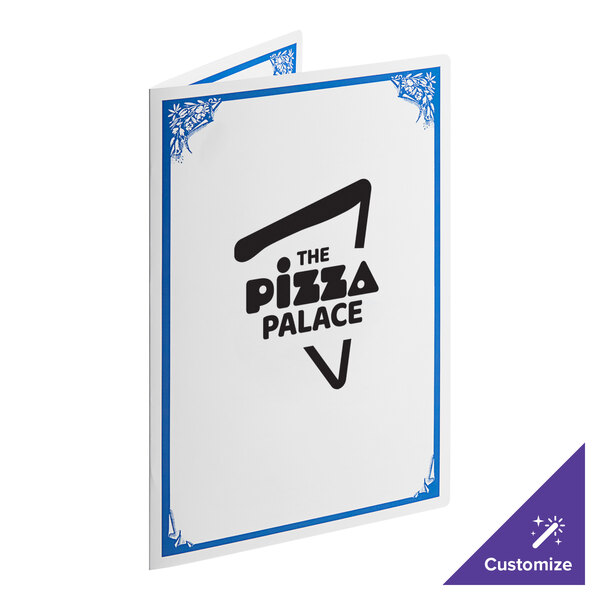 A white bifold menu with rounded corners and black text.