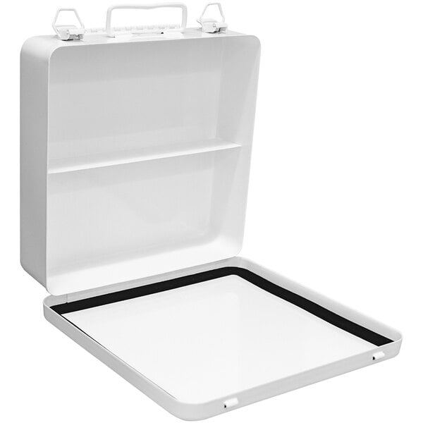 A white steel first aid cabinet with a black lid.