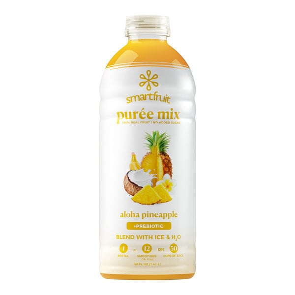 A Smartfruit Aloha Pineapple Puree bottle with a white label and lid filled with yellow liquid.