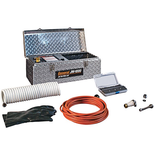 A General Pipe Cleaners Mini-Jet electric water jetter tool kit in a metal case with tools and hose.