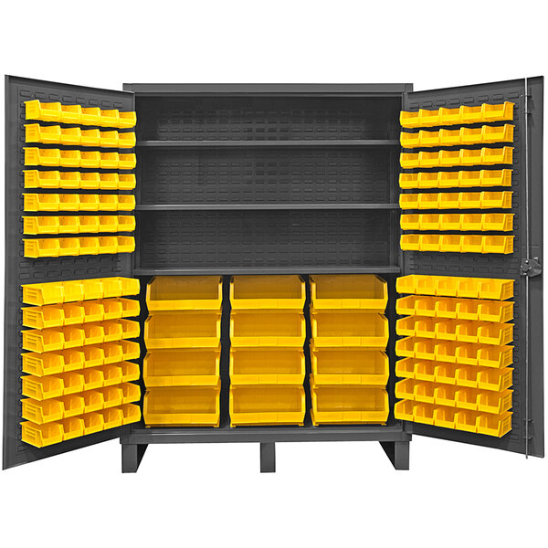 A large metal cabinet with yellow bins on the shelves.