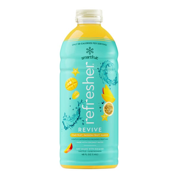 A bottle of Smartfruit Revive star fruit, passion fruit, and mango refresher juice concentrate with a label.
