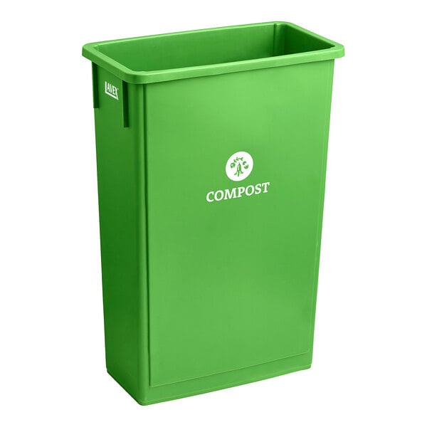 A lime green plastic Lavex compost receptacle with white text.